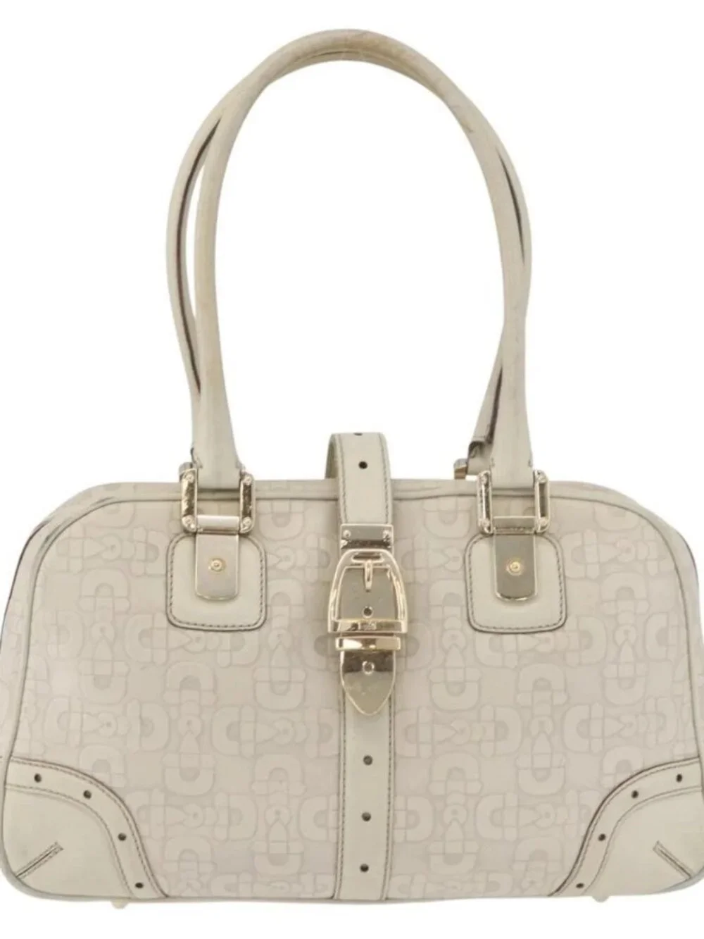 GUCCI Horsebit Hand Bag Leather White Gold 145770 Auth bs34368